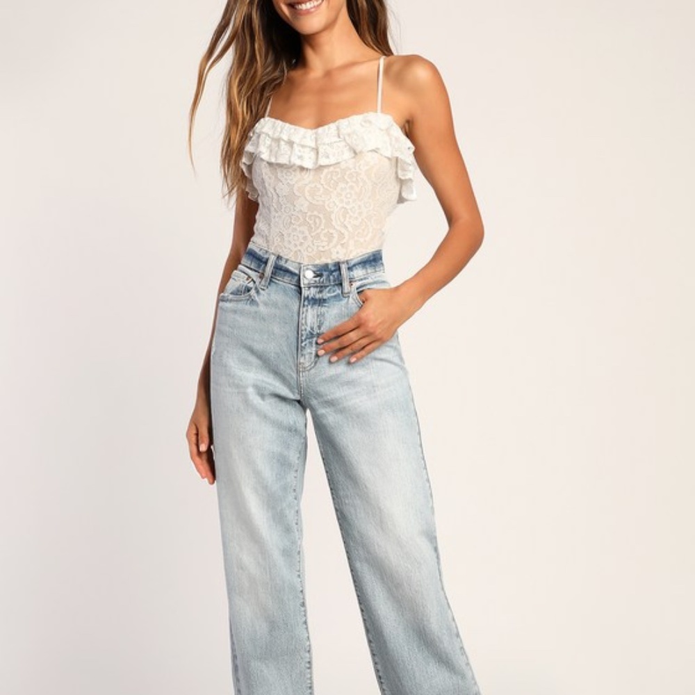 Lulus Right Lace Right Time Ivory Lace Ruffled Lace-up Bodysuit White - Size M